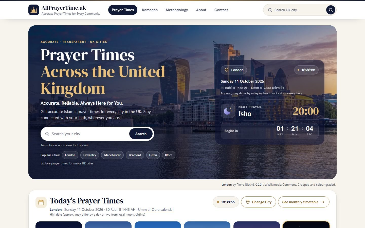 AllPrayerTime.uk home page with the London skyline, next-prayer countdown and city search