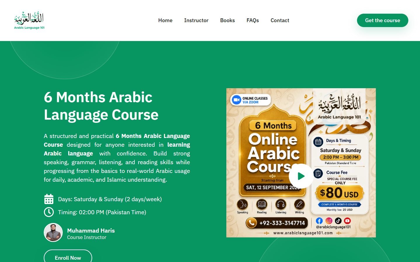 Arabic Language 101 home page promoting the six-month online Arabic course