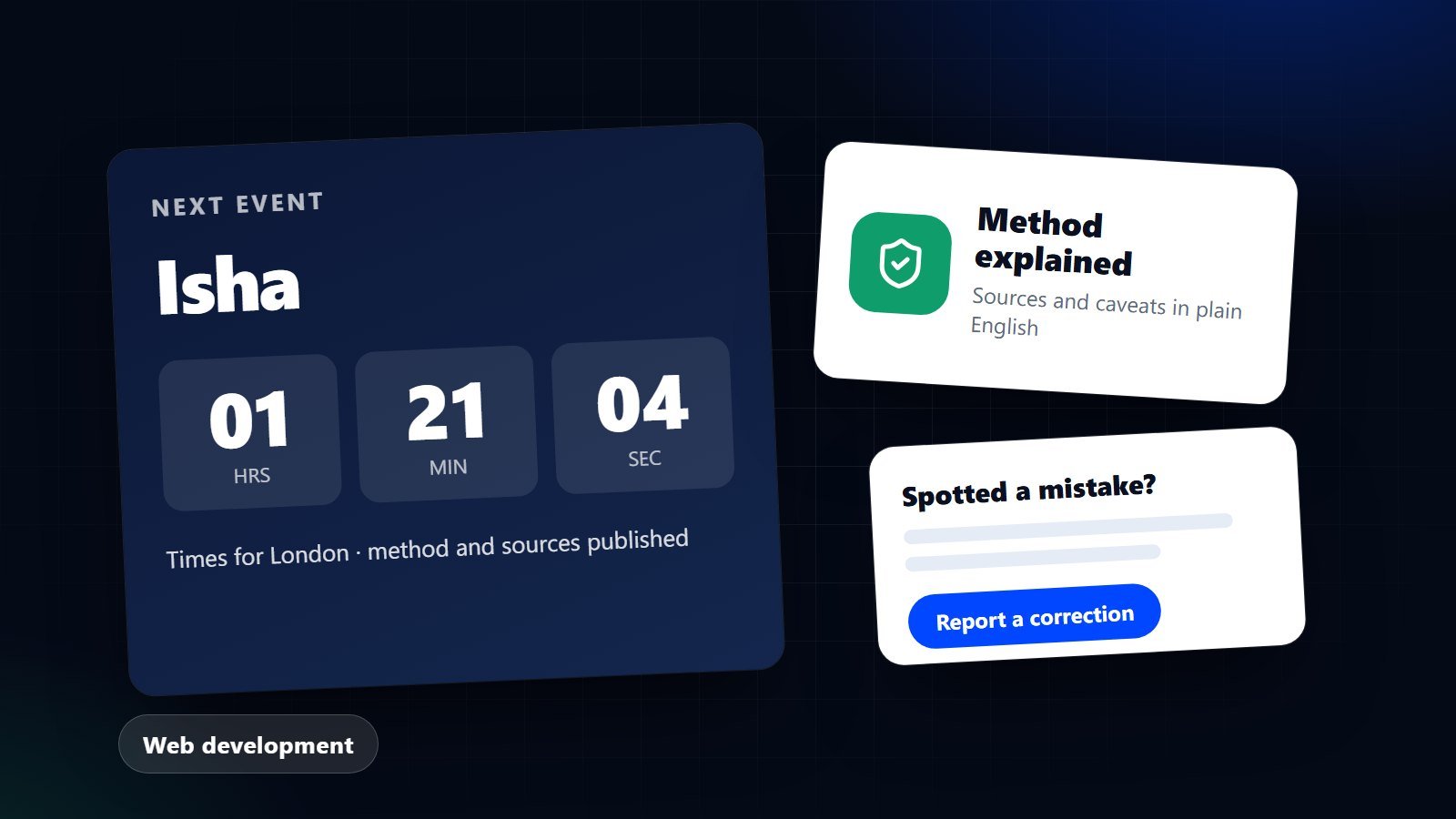Illustration of a live countdown card, a shield with a tick and a method note representing a trustworthy data website