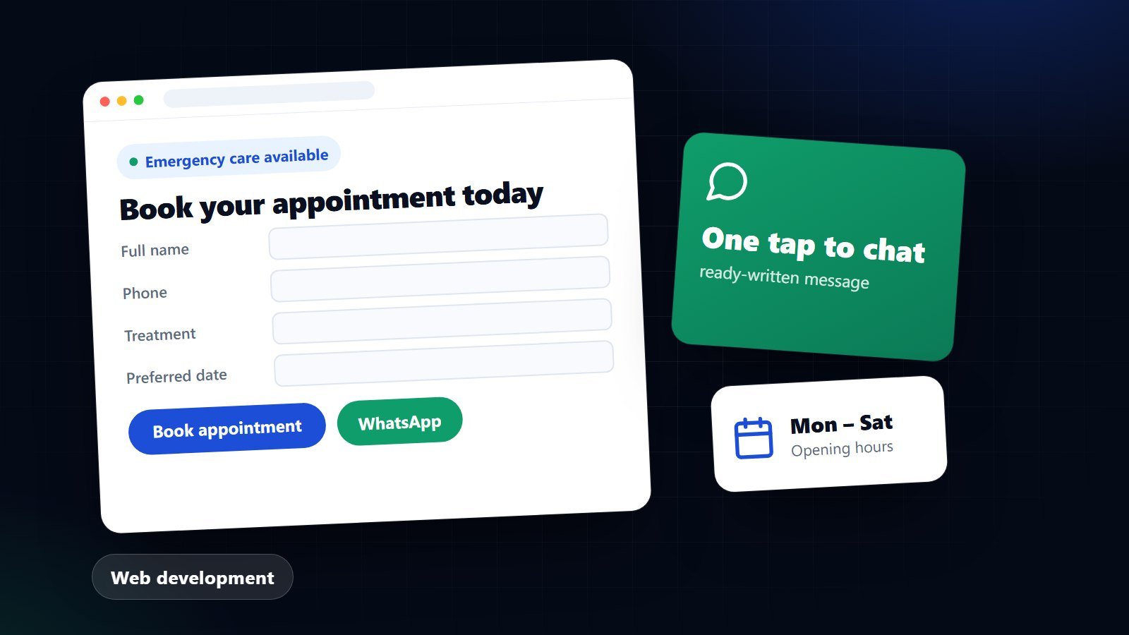 Illustration of a clinic website with an appointment request form, calendar and WhatsApp booking button