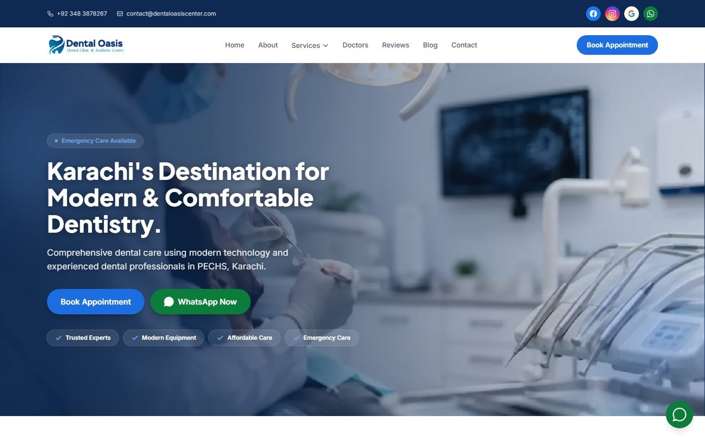 Dental Oasis Center home page with emergency care badge and appointment buttons
