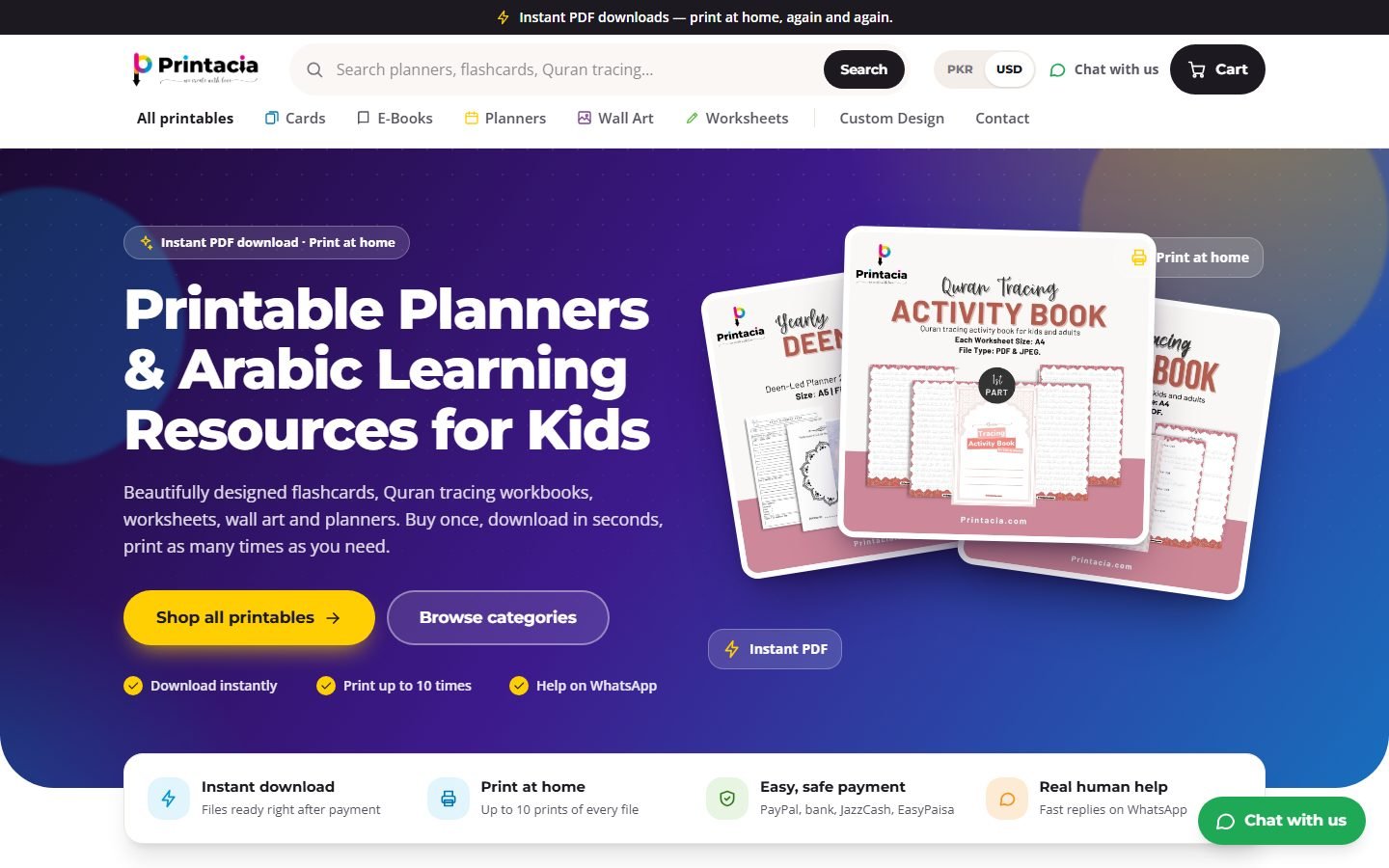 Printacia home page with printable planners and Arabic learning resources