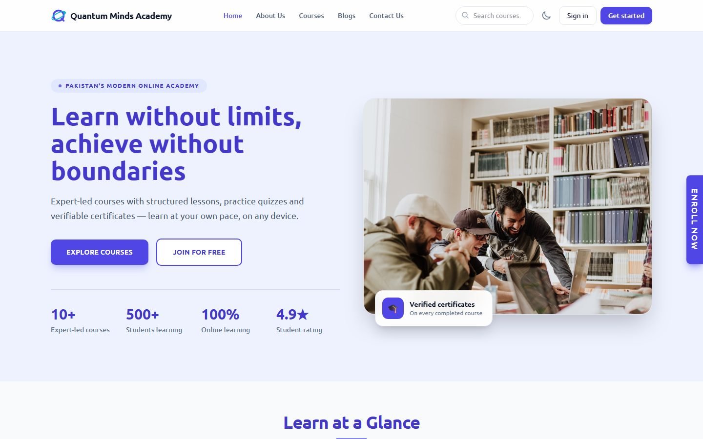 Quantum Minds Academy home page with course search and sign-in