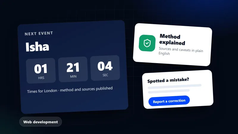 Illustration of a live countdown card, a shield with a tick and a method note representing a trustworthy data website