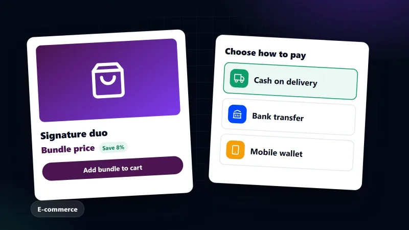 Illustration of an online shop product card with cash on delivery, bank transfer and wallet payment options