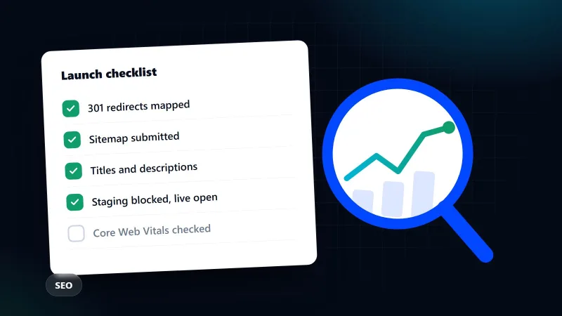 Illustration of a website launch checklist and a magnifying glass over a rising traffic chart