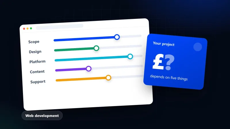 Illustration of a website with sliders for scope, design, platform, content and support beside a price card
