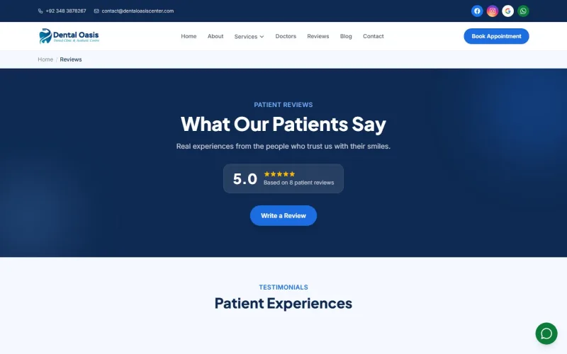 Dental Oasis Center patient testimonials page