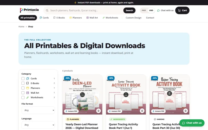 Printacia shop page with the full printables catalogue