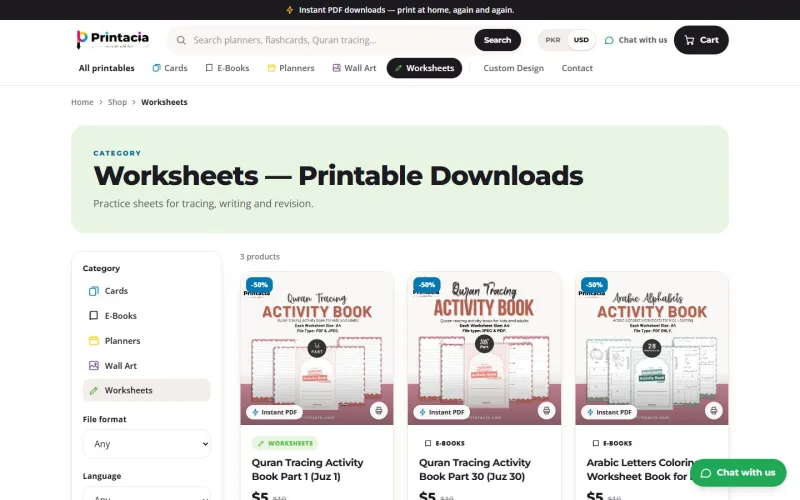 Printacia worksheets category page