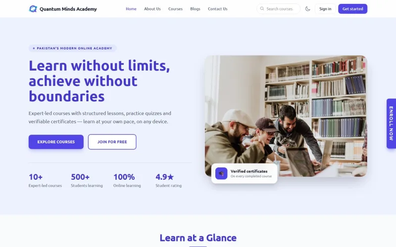 Quantum Minds Academy home page with course search and sign-in