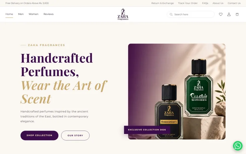 Zaha Fragrances home page with handcrafted perfumes hero