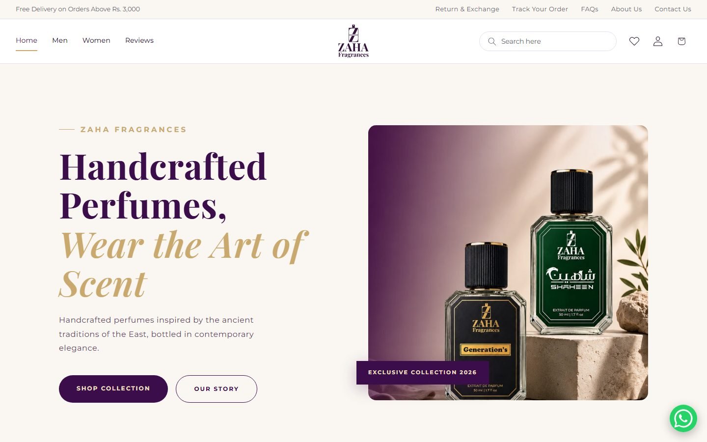 Zaha Fragrances home page with handcrafted perfumes hero